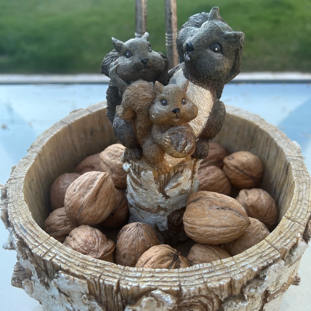 RARE FIND Adorable Nut Bowl Tree Trunk Inspired with Squirrels and Nut Cracker